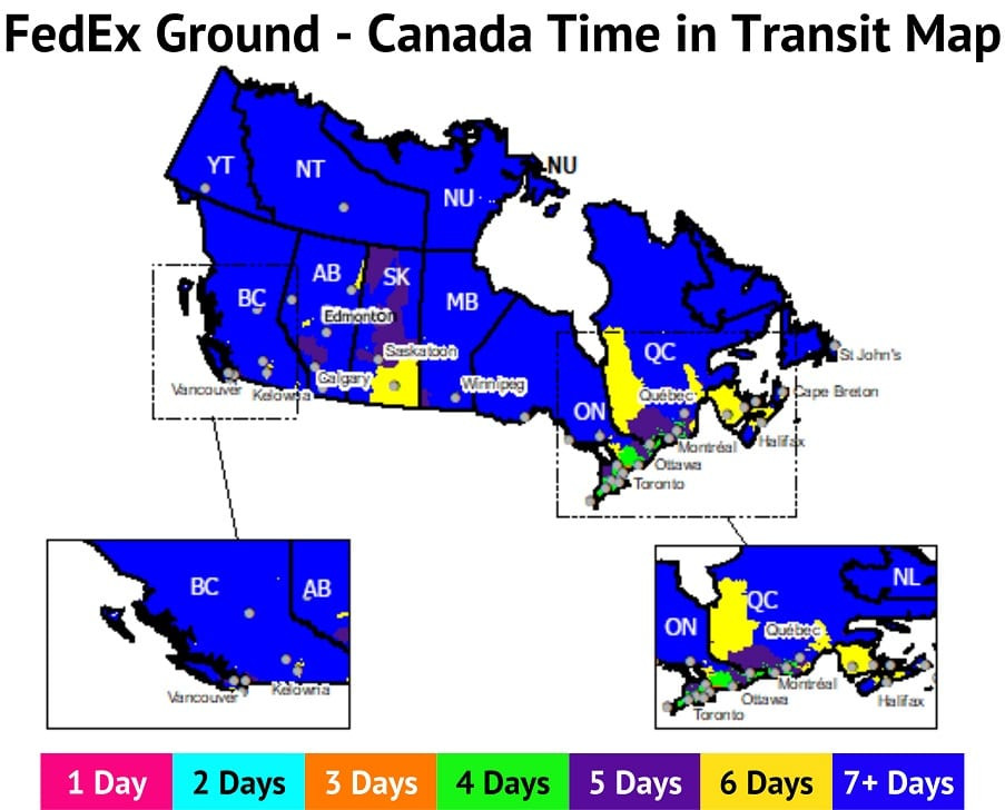 FedEx Ground Canada Time in Transit map color-coded 1 to 7+ days with British Columbia and eastern Canada insets