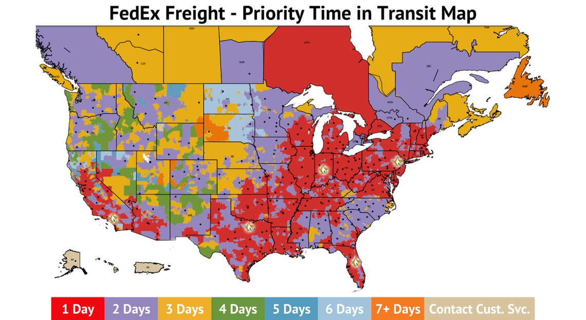 FedEx Freight Priority Time in Transit map of North America color-coded by 1 to 7+ day zones