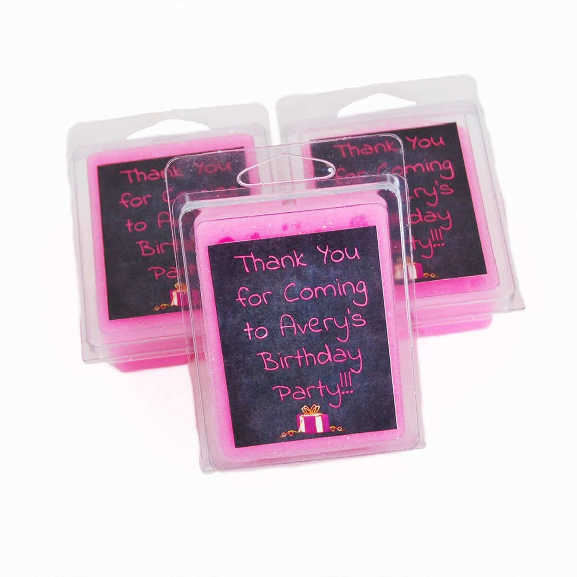Three clamshell wax-melt packs of pink slime labeled Thank You for Coming to Avery's Birthday Party