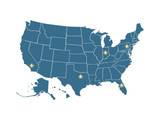 Steel-blue map of the United States with five gold flame markers in California, Texas, Indiana, Pennsylvania, and Florida