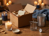 open cardboard box with packing paper and wick stickers among lit candles, a metal pitcher, and a thermometer