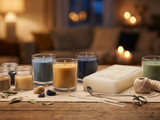 Tan, blue, navy, and sage candles in glass tumblers and jars beside a white paraffin slab, wick twine, trimmer, and scissors on wood