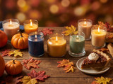 Soy candles in blue, amber, sage and cream jars among pumpkins, autumn leaves, and a pecan pie slice