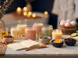 Pink and cream candles on a marble counter with eucalyptus, an open notebook, rose petals, dried orange, star anise, and pink bath bombs