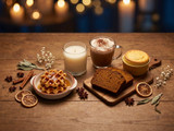 Cream candle on a wood table with syrup waffles, whipped-topped cocoa, pumpkin bread slices, a ramekin cake, cinnamon, star anise, and dried orange