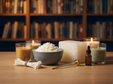 Candle-making still life before a bookshelf: bowl of white wax flakes, paraffin block, wick bundle, thermometer, amber dropper bottle, and lit jar candles