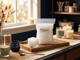 Bag of Lone Star Aromabeads and a glass of white beads on a tray with lit candles by a window