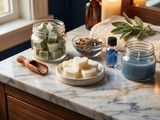 White heart-shaped soap bars on a dish atop a marble counter beside a jar of green soap cubes, a bowl of botanicals, a blue oil bottle, a blue jar candle, and a cream towel with a sage sprig