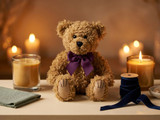 Curly brown teddy bear with a purple bow beside candles and navy velvet ribbon