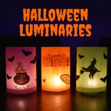 Three glowing luminaries with bat, jack-o-lantern and witch silhouettes, orange text reading Halloween Luminaries