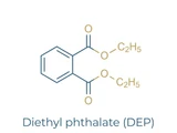 Blue skeletal chemical structure of diethyl phthalate, labeled Diethyl phthalate (DEP)