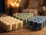 Three groups of cream, sage green, and blue poured glass candles on a rustic wood table