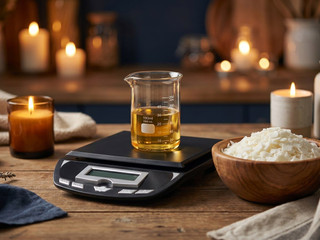 Glass beaker of amber oil marked 100ml on a digital scale beside a wooden bowl of white wax flakes and lit candles