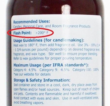 Fragrance oil bottle back label with Flash Point: >200°F circled in red above usage guidelines and safety information