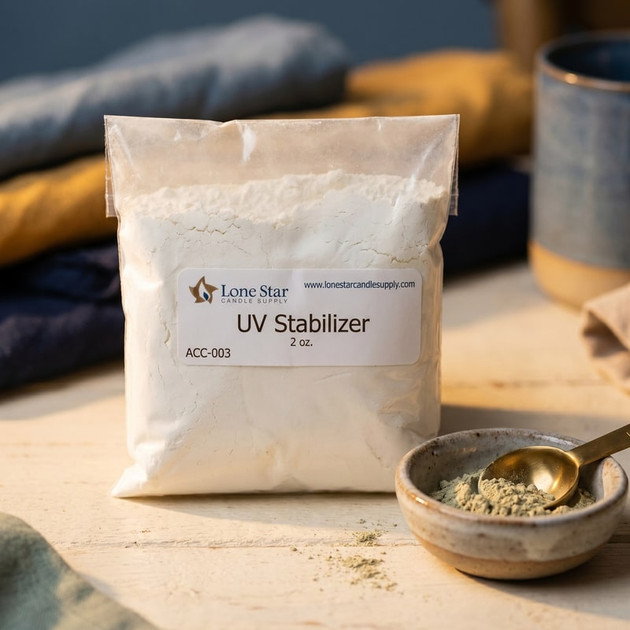 Lone Star Candle Supply bag of white UV Stabilizer powder, ACC-003, 2 oz, beside a bowl with a gold spoon