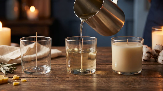 Steel pitcher pouring wax into a wicked glass jar between an empty prepared jar and a finished cream candle
