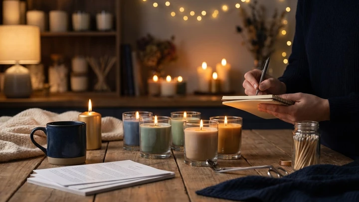 Person writing on a notepad beside lit colored candles, a jar of matches, and a wick trimmer