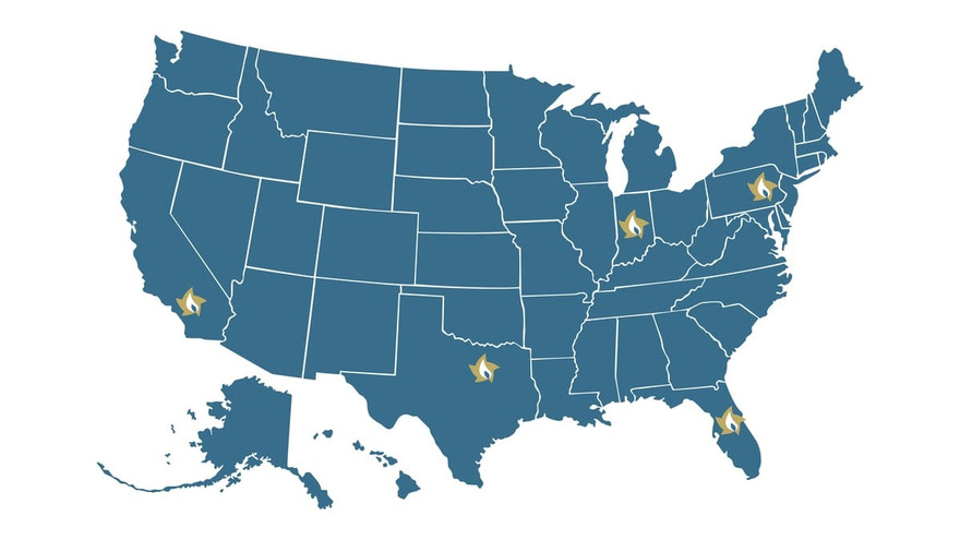 Steel-blue map of the United States with five gold flame markers in California, Texas, Indiana, Pennsylvania, and Florida