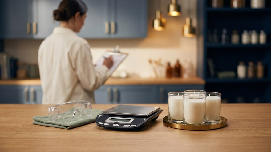 Cream candles, a kitchen scale, and safety glasses on a counter with a person checking a clipboard