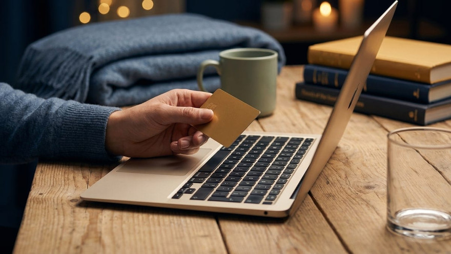 Hand holding a gold credit card over an open laptop with a mug and books on a wood desk
