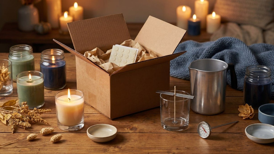 open cardboard box with packing paper and wick stickers among lit candles, a metal pitcher, and a thermometer