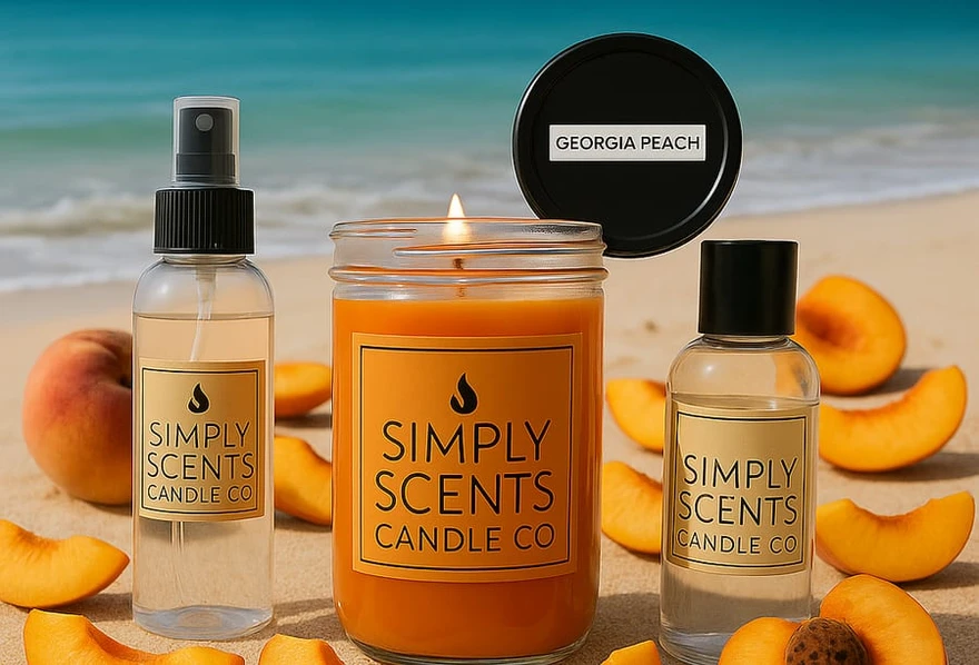 Simply Scents Candle Co Georgia Peach candle and room sprays arranged with fresh peaches on a sunny beach