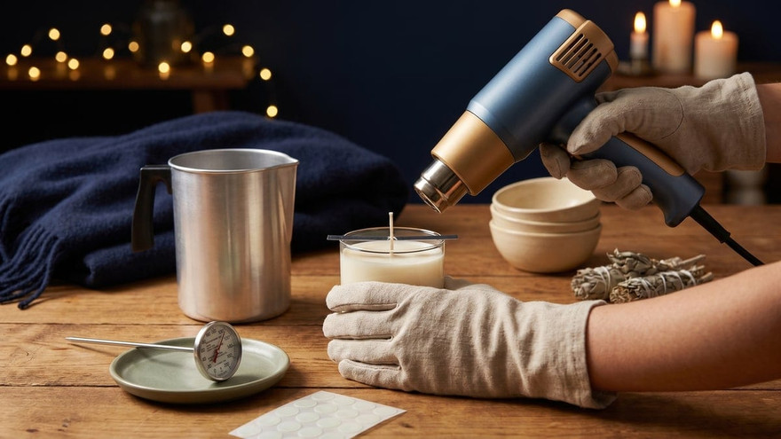Gloved hand aiming a blue and gold heat gun over a wicked candle, beside an aluminum pouring pot, a dial thermometer on a plate, and a second work glove
