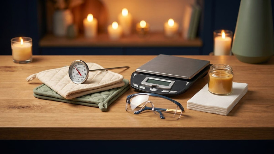 Candle-making safety gear on a wood counter: dial thermometer on pot holders, digital scale, clear safety glasses, and napkins beside an amber candle, with lit candles behind