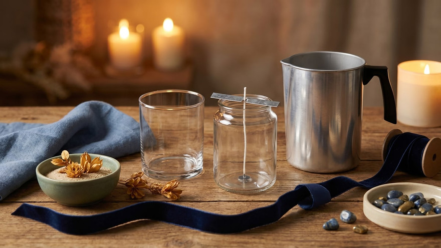 Empty glass tumbler and a wicked jar beside an aluminum pouring pot on rustic wood, with candles glowing behind and navy ribbon