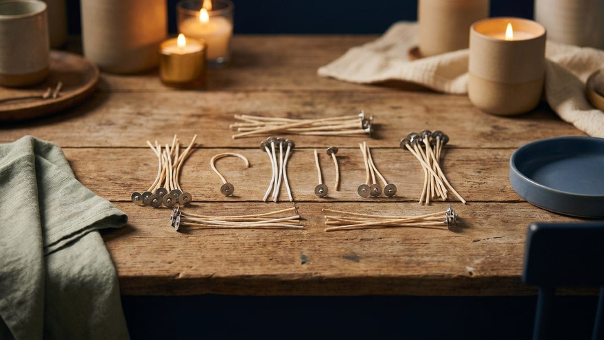 Bundles of pre-tabbed cotton candle wicks with metal base tabs on a rustic wood table, lit candles glowing behind
