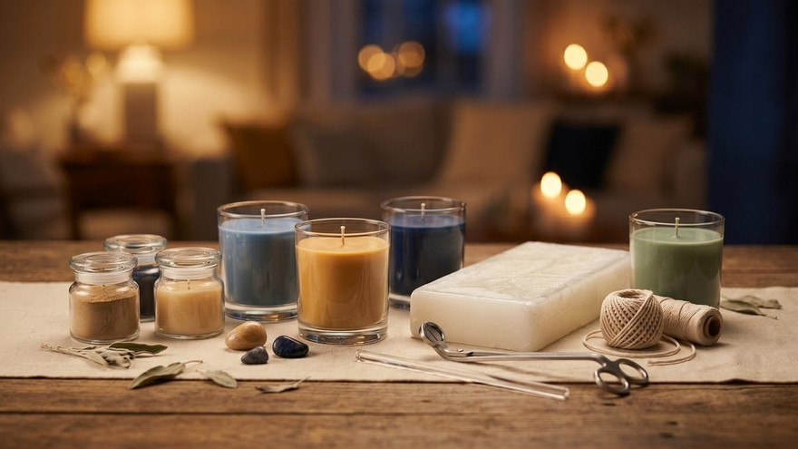 Tan, blue, navy, and sage candles in glass tumblers and jars beside a white paraffin slab, wick twine, trimmer, and scissors on wood