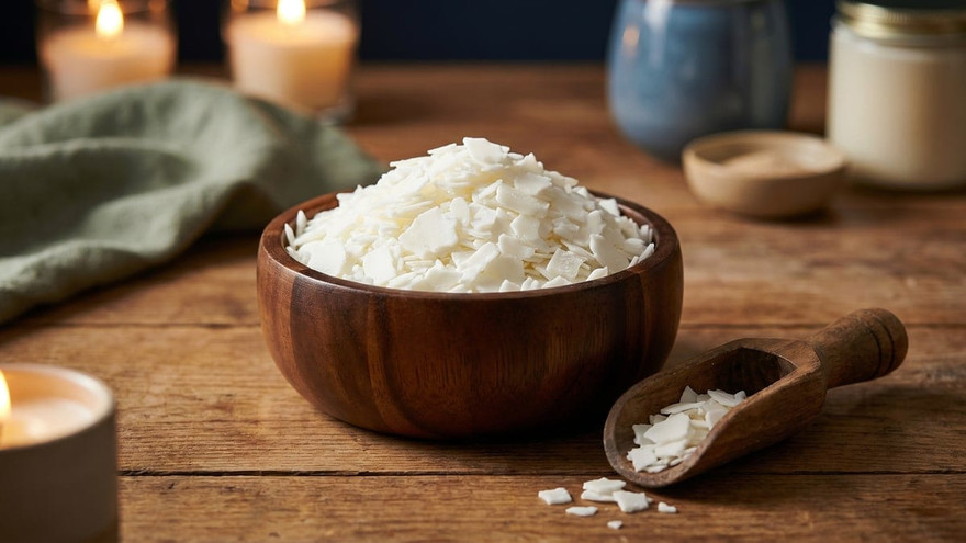 White soy wax flakes heaped in a wooden bowl with a wooden scoop on a rustic table, lit candles behind