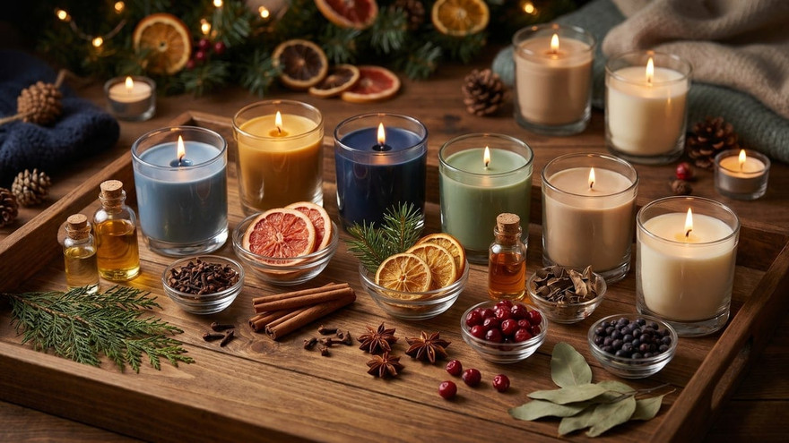 Lit candles in blue, gold, navy, sage, and cream on a wood tray with bowls of cinnamon, star anise, cranberries, dried orange, and fragrance oil bottles