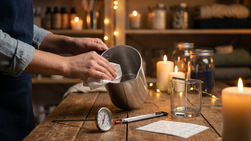Hands wiping a stainless pouring pot with a paper towel beside a dial thermometer, clip thermometer, wicked jar, and lit candles