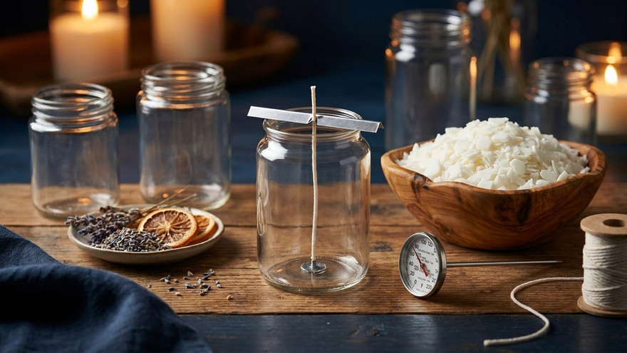 Clear jar with a centered wick held by a wick bar, beside empty jars, a dial thermometer, soy wax flakes, twine spool, and dried lavender and orange