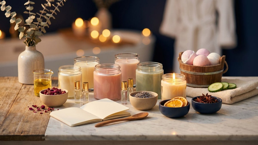 Pink and cream candles on a marble counter with eucalyptus, an open notebook, rose petals, dried orange, star anise, and pink bath bombs