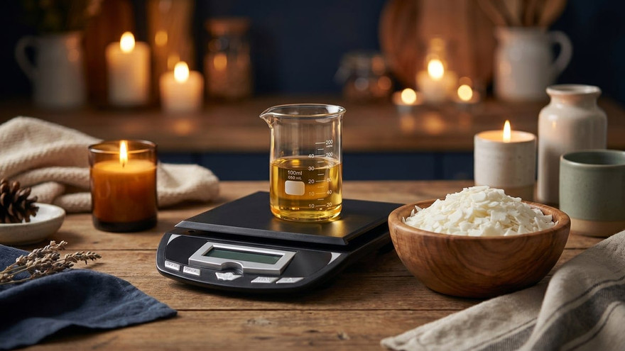 Glass beaker of amber oil marked 100ml on a digital scale beside a wooden bowl of white wax flakes and lit candles