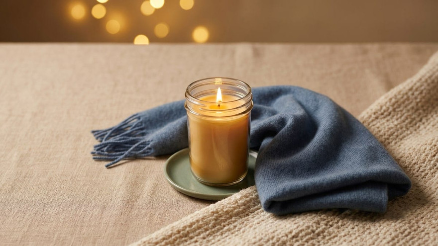 Lit amber candle in a glass jar on a sage dish atop a cream knit throw with a blue scarf and warm bokeh behind
