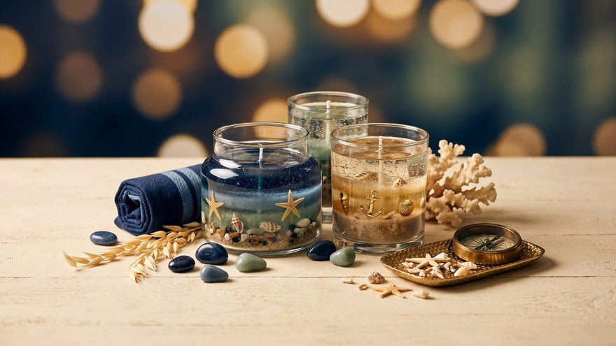 Three clear gel candles embedded with seashells, starfish, sand and an anchor, styled with stones, coral, a navy towel, and a brass compass
