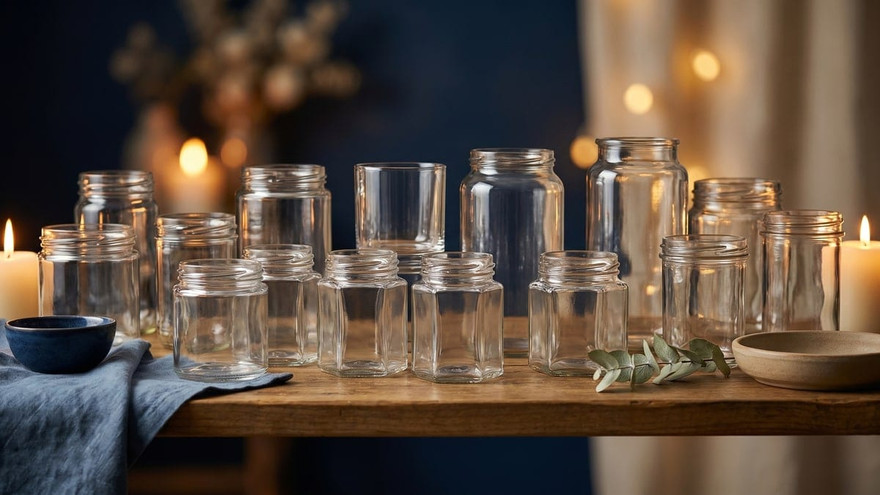 Cluster of empty clear glass candle jars in varied shapes on a wood table, candles and blue dish nearby