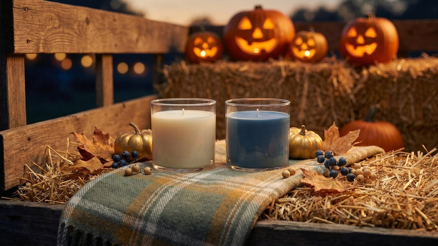 Cream and blue poured candles on a plaid blanket atop hay bales, glowing jack-o-lanterns behind at dusk