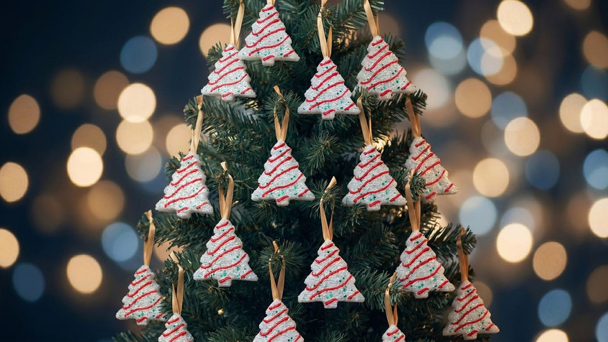 White tree-shaped freshies with red icing stripes hung by ribbon on a Christmas tree, golden bokeh lights behind