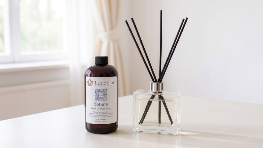 Amber Lone Star Optima Reed Diffuser Base bottle beside a square glass diffuser holding black reeds, bright window behind