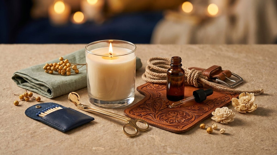 Lit white candle, amber dropper bottle, gold wick trimmers and matches on tooled brown leather, blurred candlelight behind