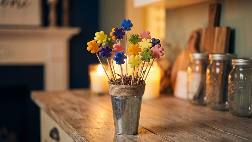Colorful flower-shaped wax tarts on skewers in a rope-trimmed galvanized cup on a wooden counter by candlelight