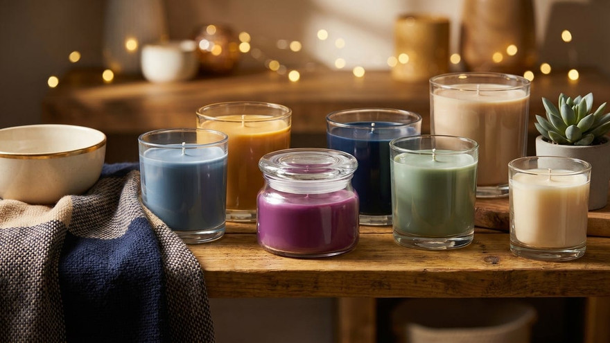 Seven colored glass-jar candles in blue, gold, navy, sage, cream, and a purple lidded jar on rustic wood with fairy lights