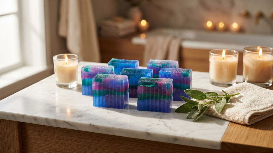 Seven layered blue, purple, magenta, and green soap bars on a marble counter beside lit candles, sage, and a towel