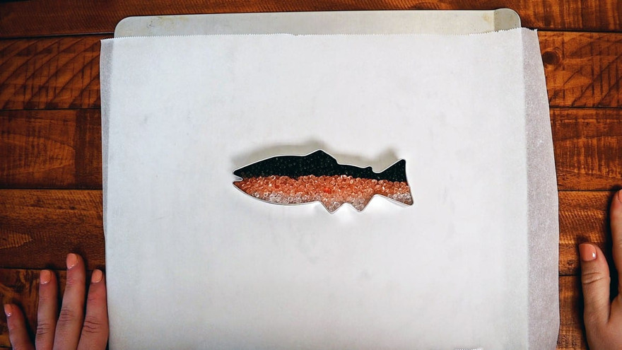 Fish cookie cutter filled with black, pink, and white aroma beads in a trout pattern on parchment