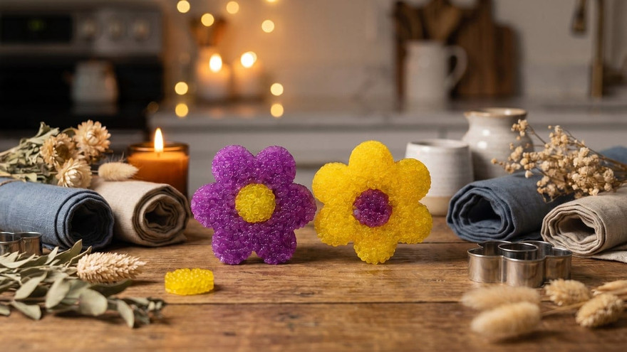 Purple and yellow flower-shaped aroma-bead freshies on a wood counter with a lit candle, dried flowers, and rolled towels