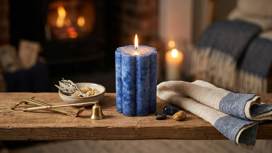 Lit blue fluted pillar candle on a wood beam with sage, brass wick trimmer and snuffer by a fireplace